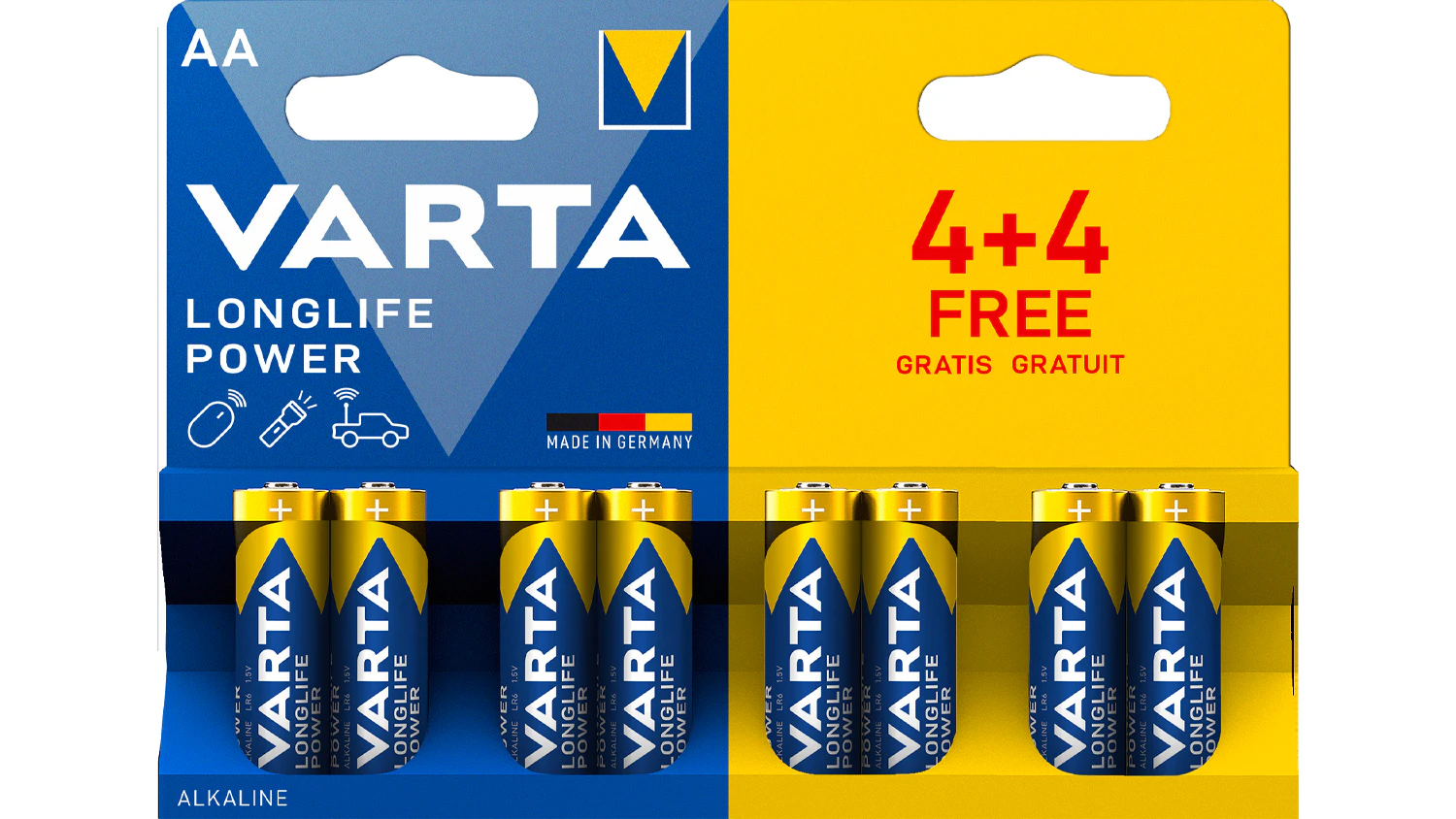 Alkalick&aacute; bat&eacute;ria AA VARTA Longlife Power LR6 4+4 Blister v origin&aacute;lnom balen&iacute; na bielom pozad&iacute;