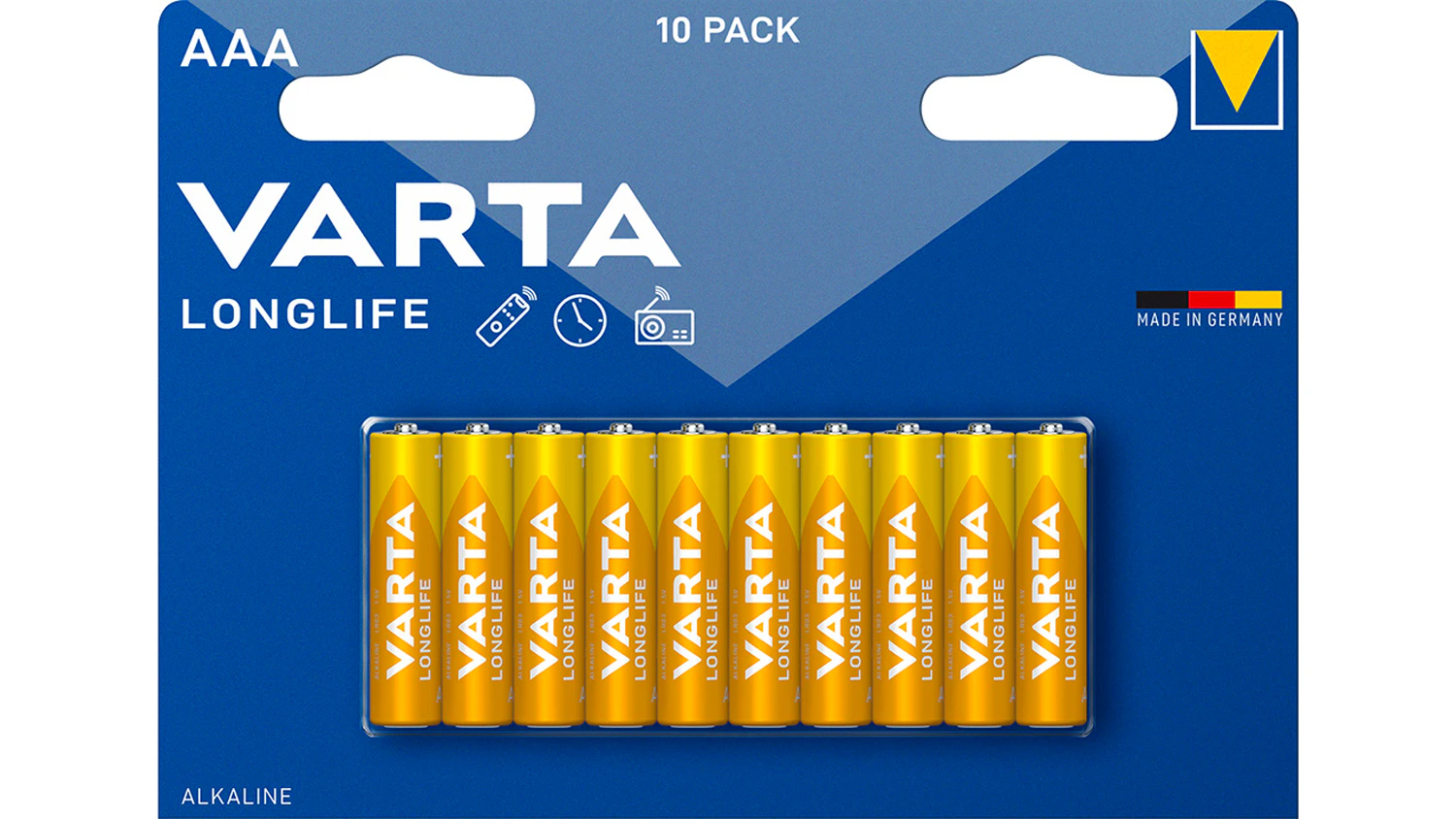 Alkalická batéria AAA VARTA Longlife 04103 na bielom pozadí zobrazujúca dizajn a balenie
