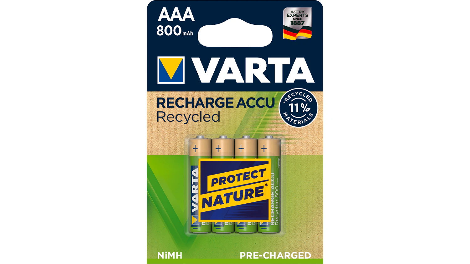 Mikrotužkové AAA baterie VARTA Recharge Accu Power HR03 800 mAh na bílém pozadí zobrazující kompletní balení