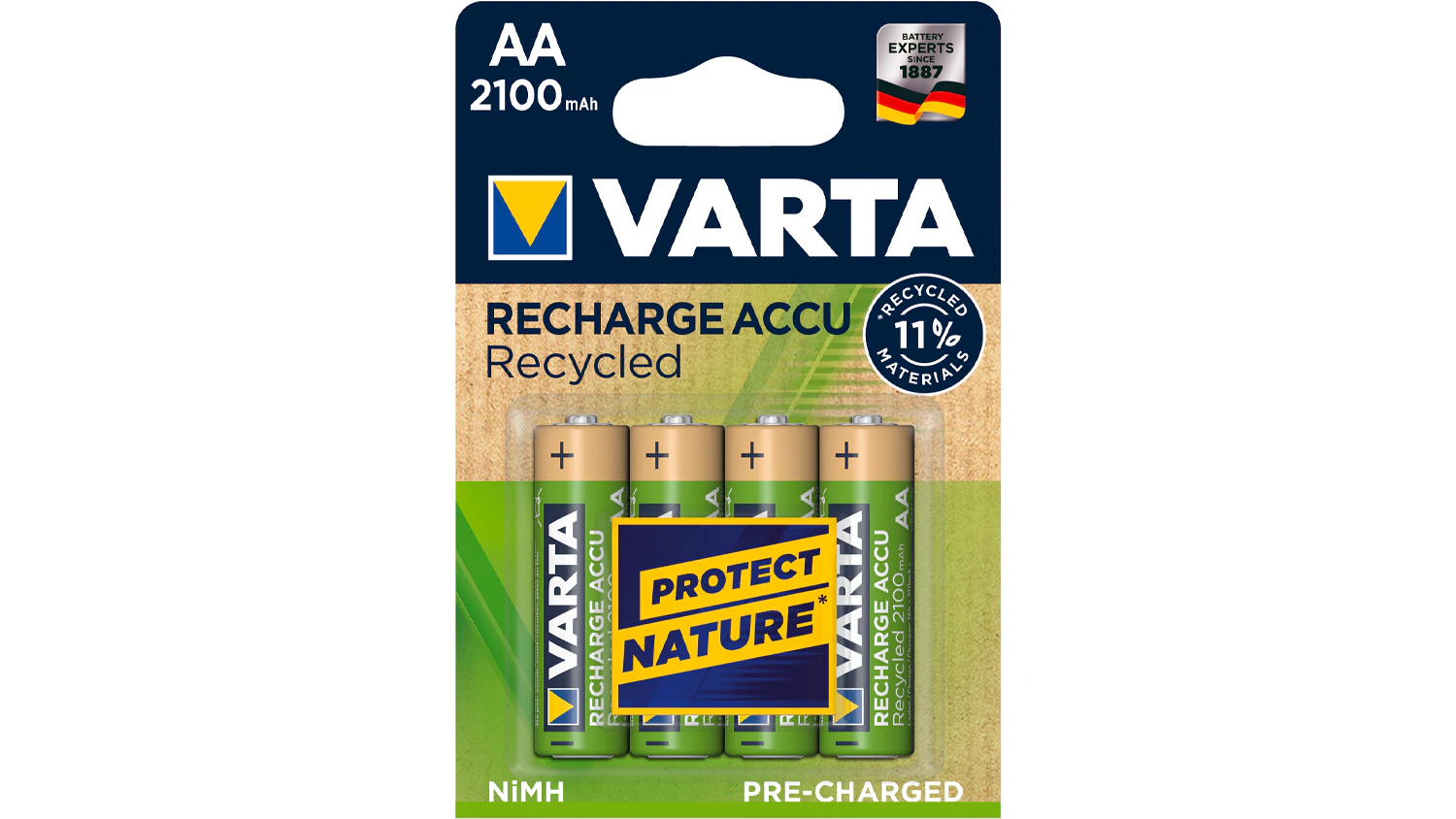 AA tužkové akumulátory VARTA Recharge Accu Recycled 56816 2100mAh 4-Pack v průhledném balení na bílém pozadí