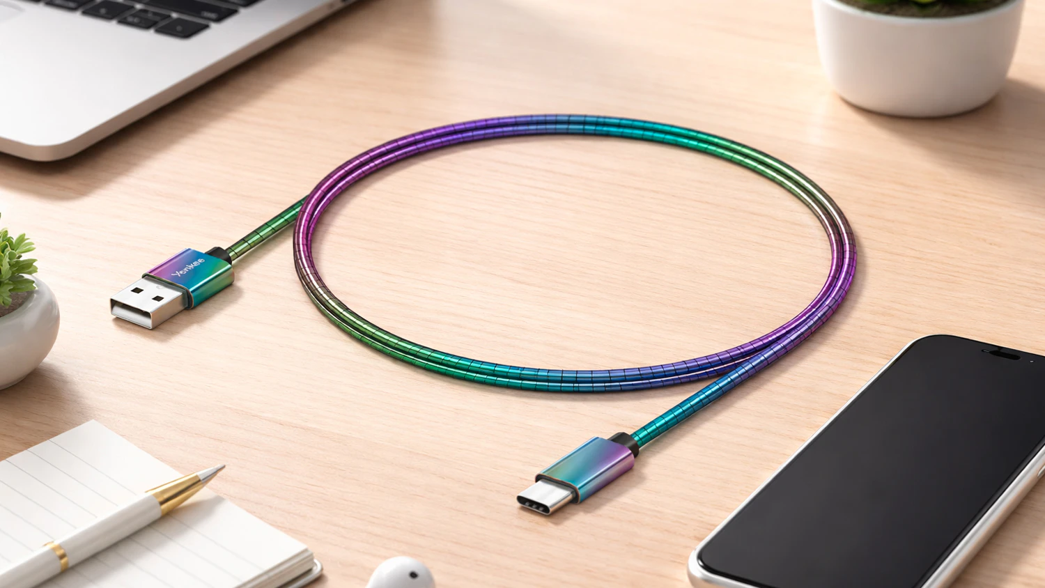 Synchronizačn&iacute; a nab&iacute;jec&iacute; kabel USB A &ndash; USB C Yenkee YCU 351 odložen&yacute; na stole