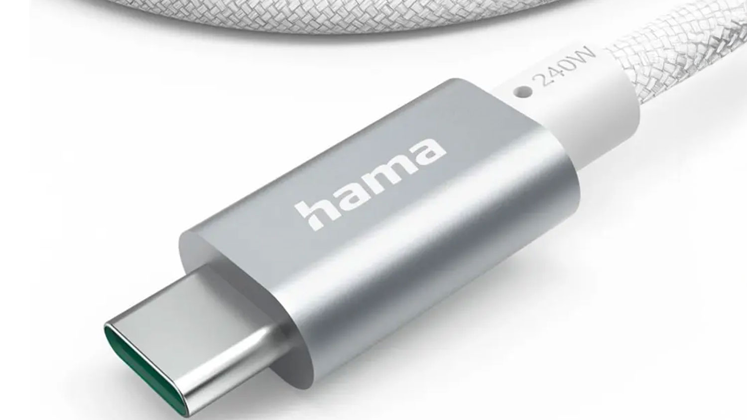 Detail strieborného USB-C konektora Hama s označením 240W a bielym opleteným káblom.