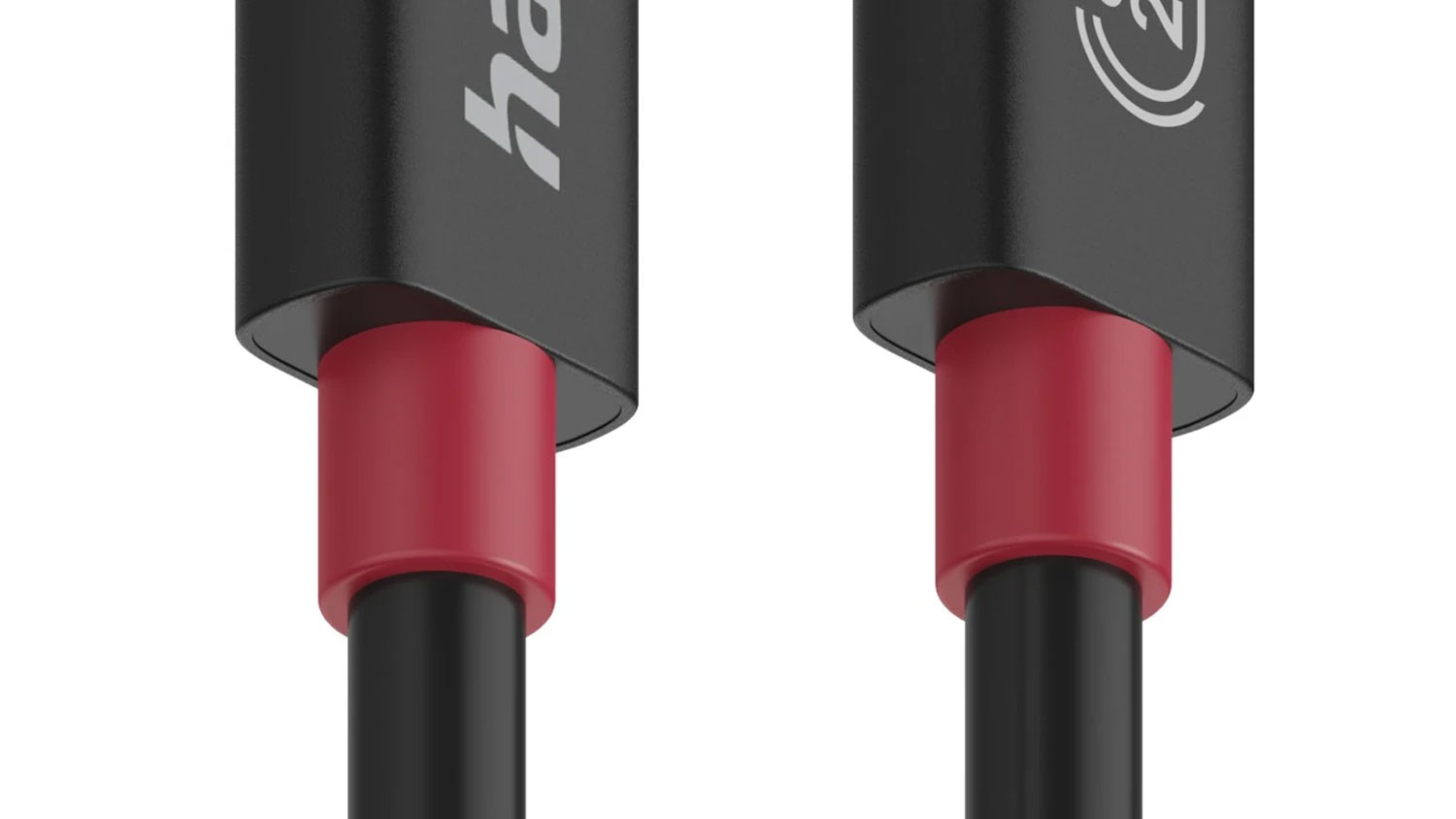 Detail koncoviek čierneho USB-C k&aacute;bla Hama s červenou ochranou proti zlomeniu.