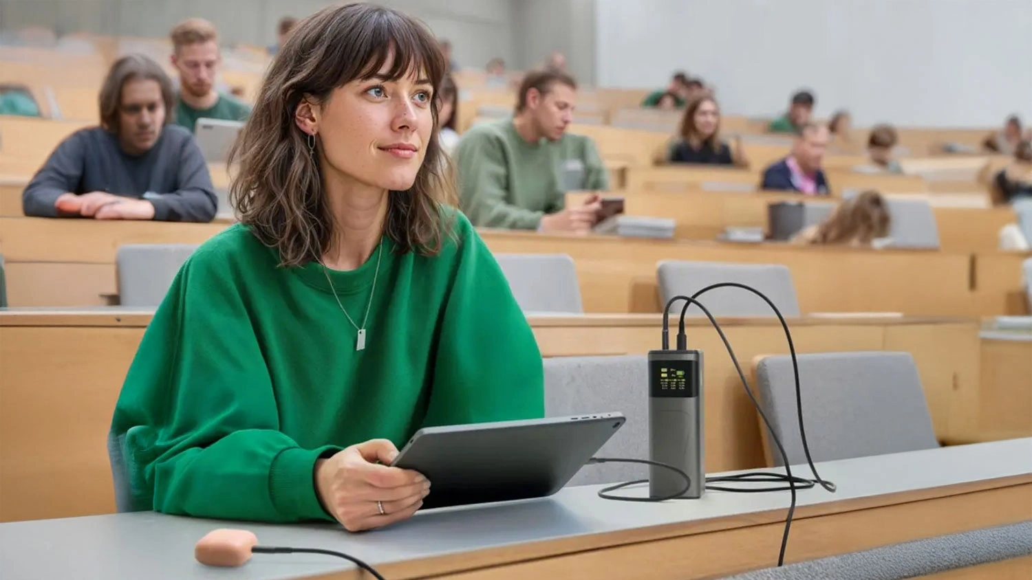 Žena na predn&aacute;&scaron;ke m&aacute; notebook pripojen&yacute; k powerbanke Hama High Power 65 W