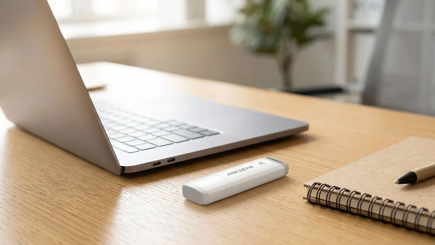 Bílý flash disk HIKSEMI položený na dřevěném stole vedle notebooku a poznámkového bloku.