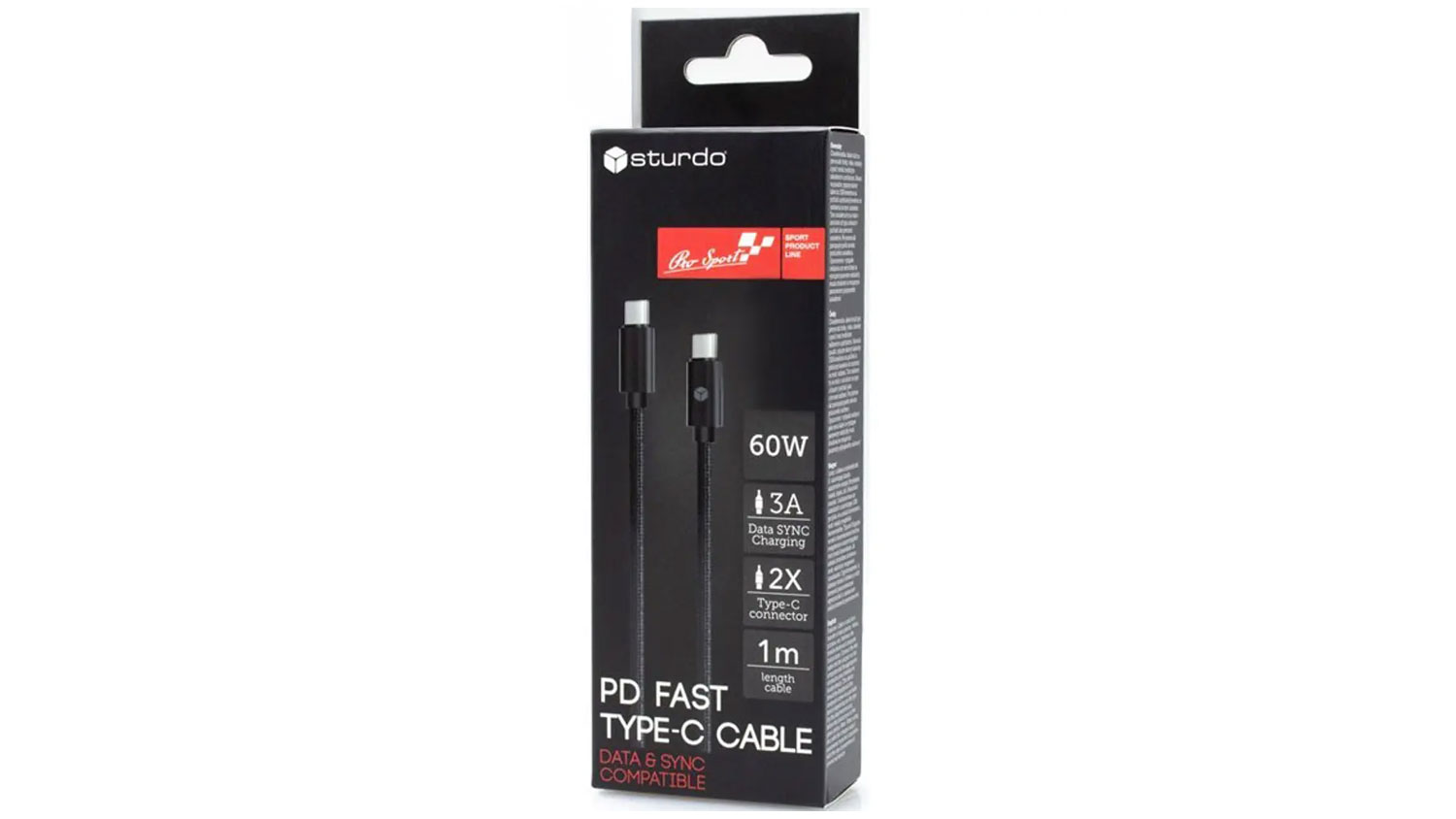 USB-C kábel Sturdo 2 × Type-C PD 3A 60W 1m, čierny v originálnom balení