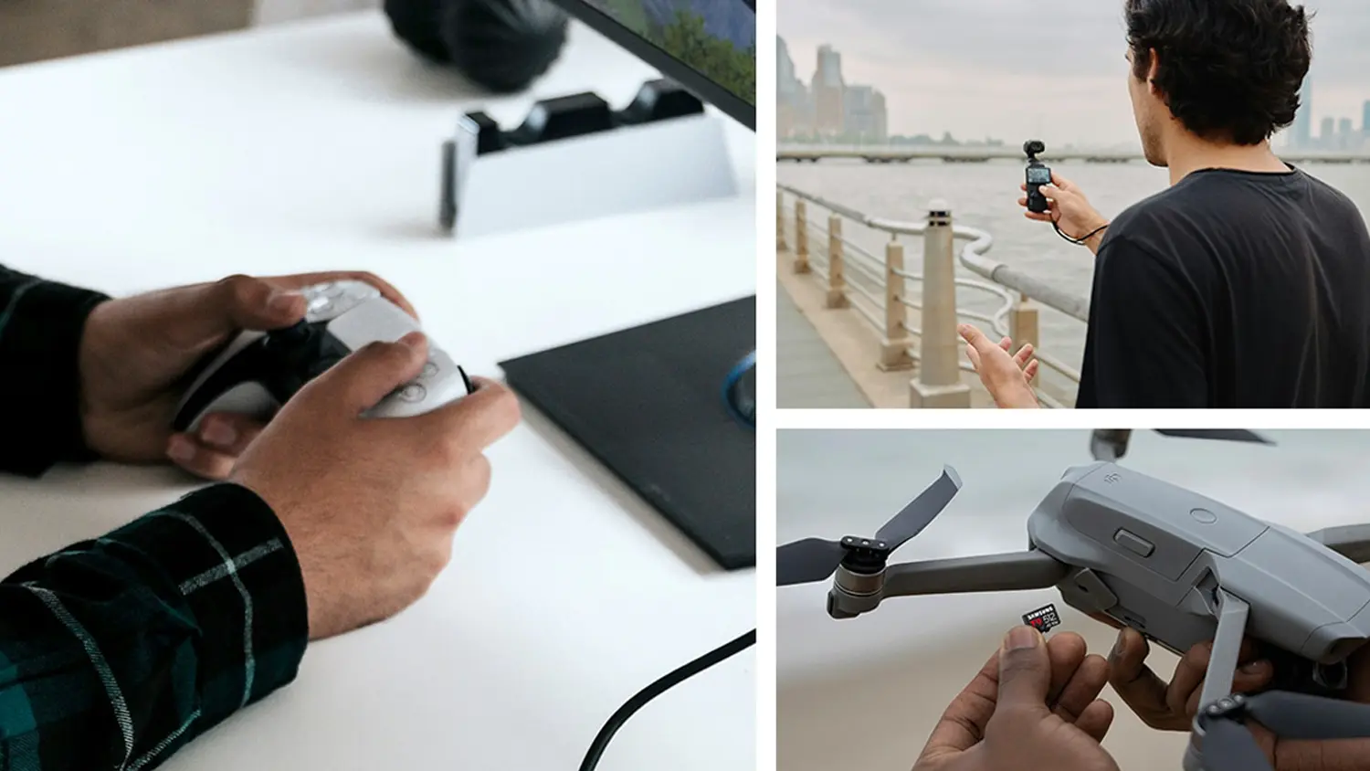 Muž s akční kamerou, ruce držící ovladač od herní konzole a ruce vkládající paměťovou kartu Samsung T9 microSDXC do dronu