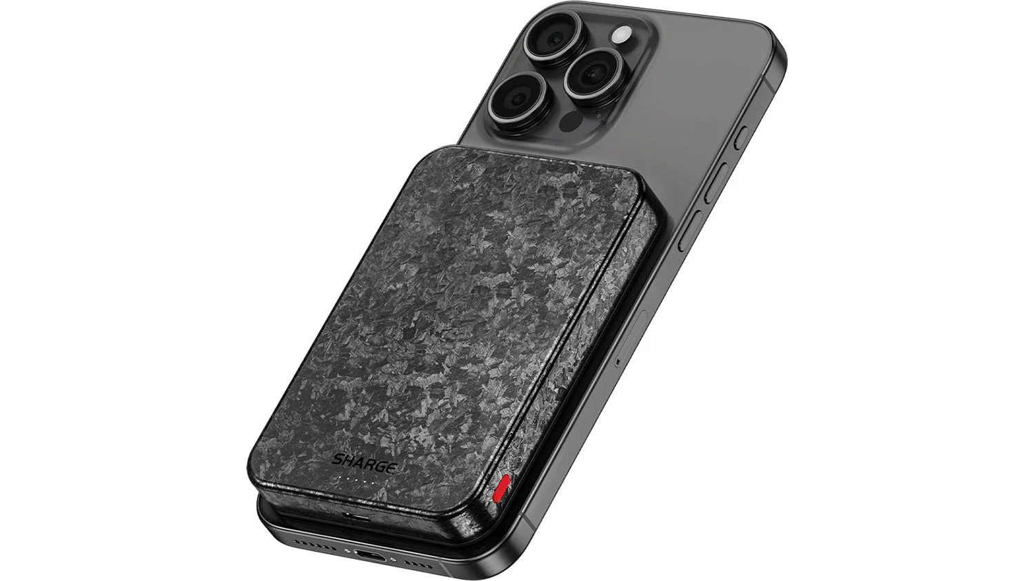 Powerbanka Sharge C2 CarbonMag Qi2/MagSafe přichycená k mobilu