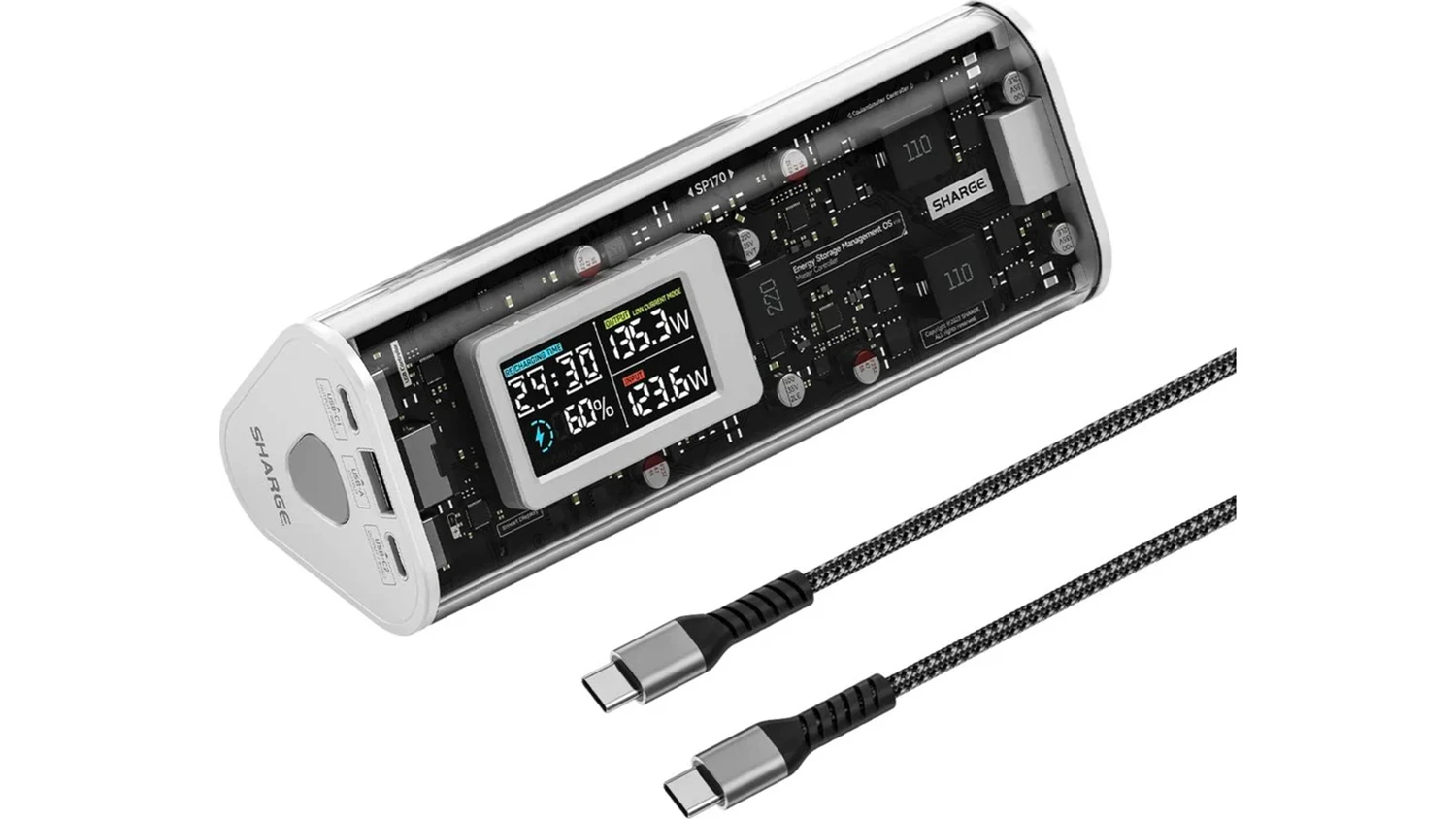 Powerbanka Sharge Shargeek 170W bílá zepředu s kabelem