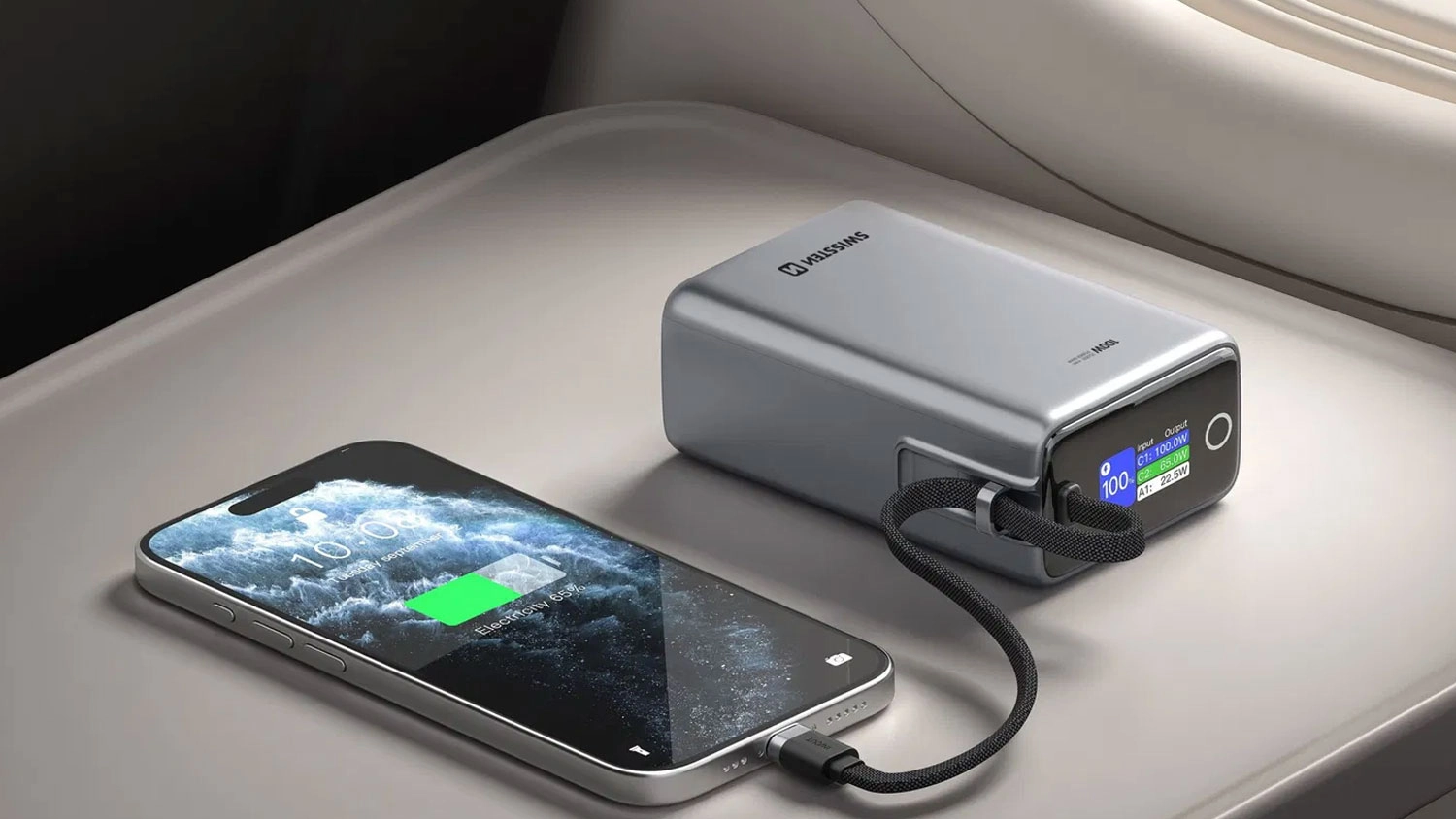 Powerbanka SWISSTEN 25000 mAh nabíjí mobil na palubě letadla.