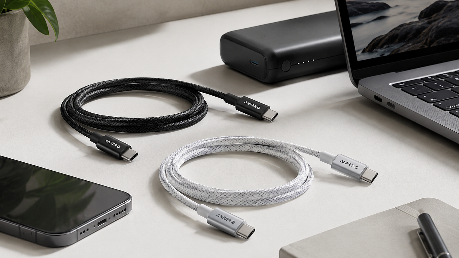 Dva USB k&aacute;ble Anker Zolo zložen&eacute; na pracovnom stole