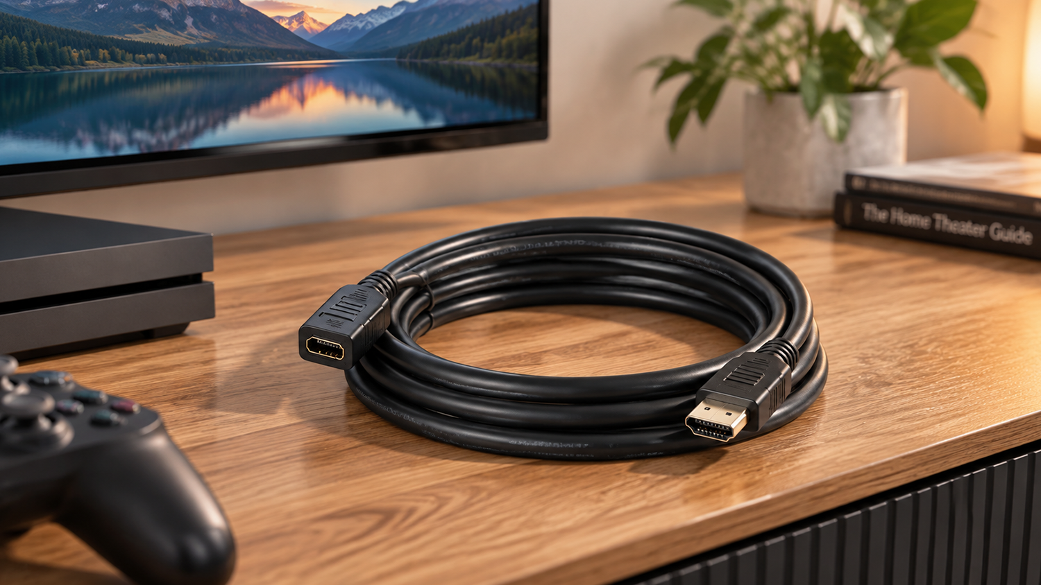 HDMI prodlužovac&iacute; kabel Club3D CAC-1321 na pracovn&iacute;m stole vedle fotoapar&aacute;tu