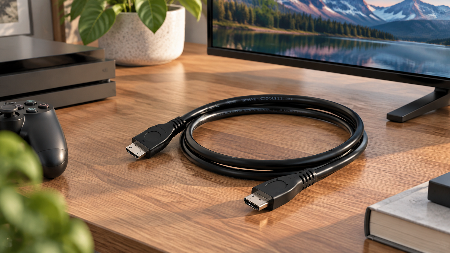 HDMI kabel Club3D CAC-1350 na pracovním stole vedle fotoaparátu