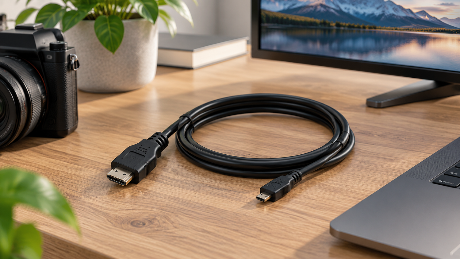 HDMI kabel Club3D CAC-1351 na pracovn&iacute;m stole vedle fotoapar&aacute;tu
