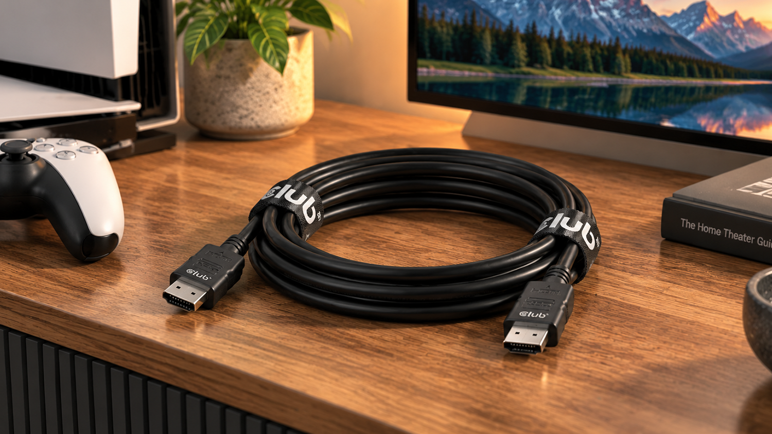 HDMI prodlužovac&iacute; kabel Club3D CAC-1325 na pracovn&iacute;m stole vedle fotoapar&aacute;tu