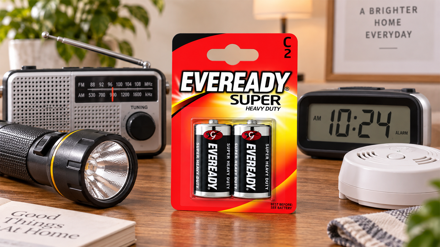 Balení baterií Energizer Eveready SHD C/2 na stole vedle elektroniky
