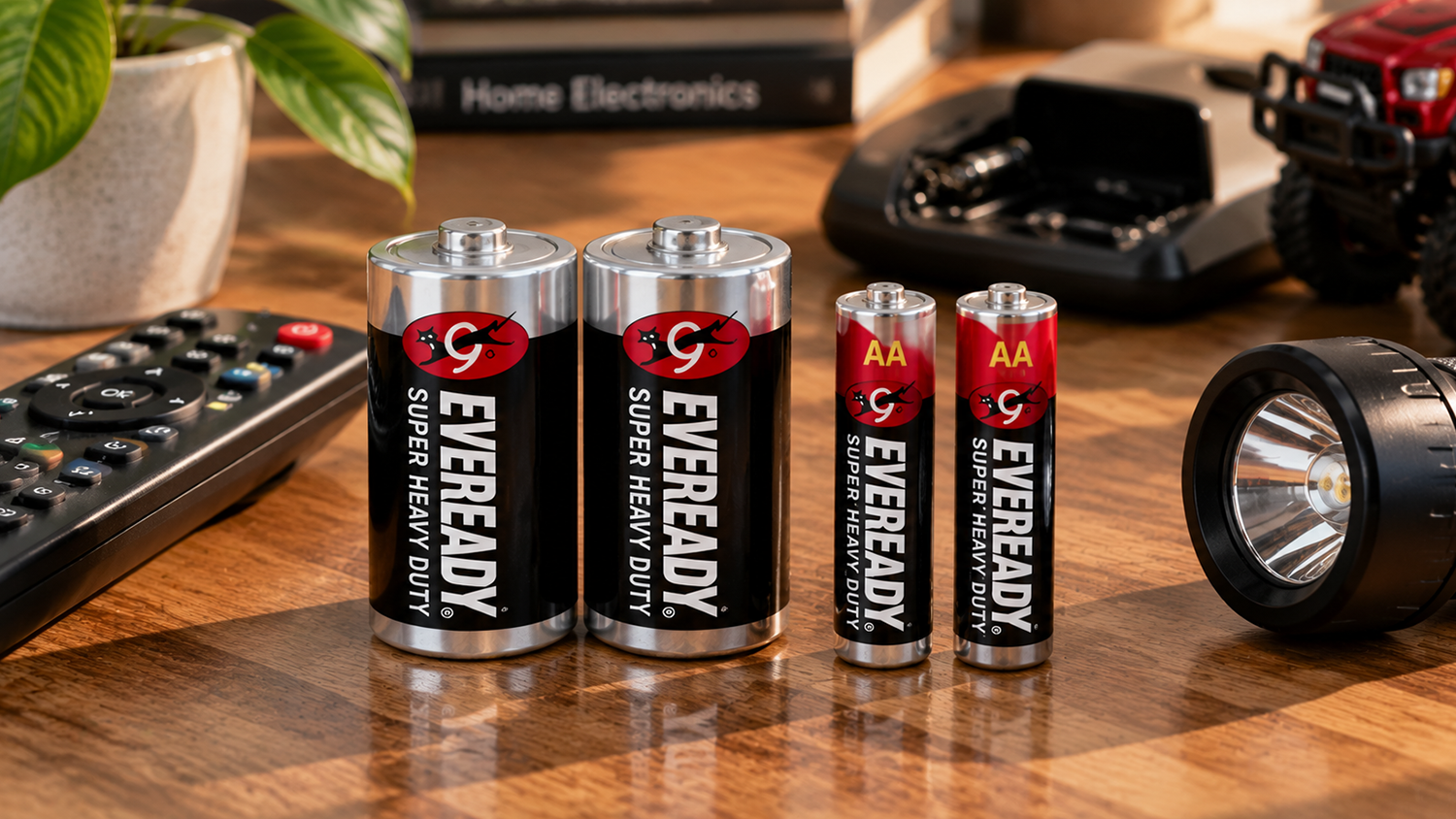 Baterie na stole s domácí elektronikou