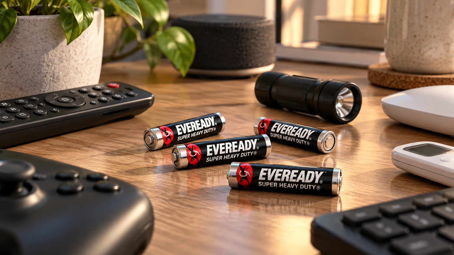 Baterie Energizer Eveready SHD AAA na stole vedle elektroniky