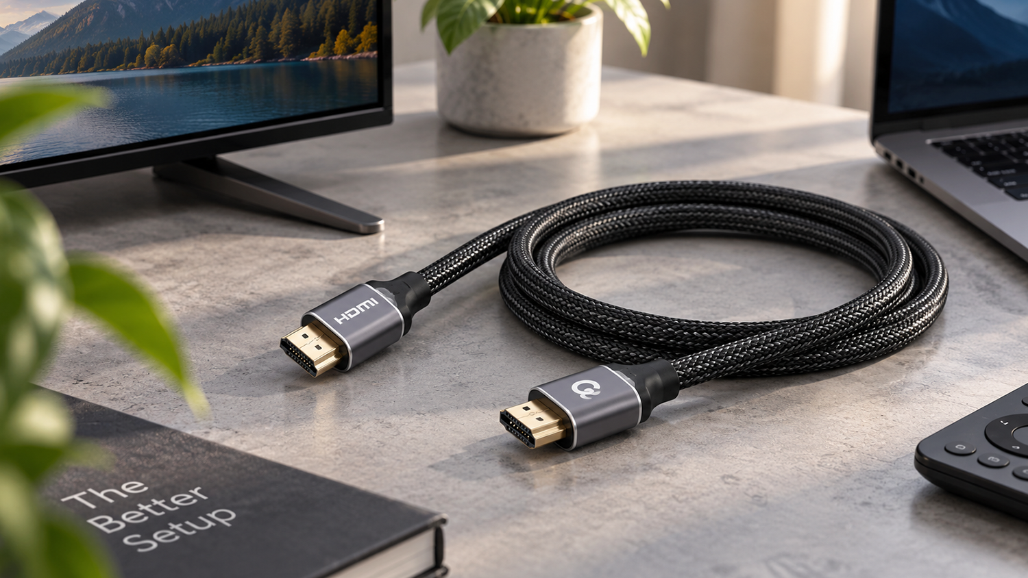 HDMI kabel Gembird CCBP-HDMI-5M složený na stole vedle notebooku