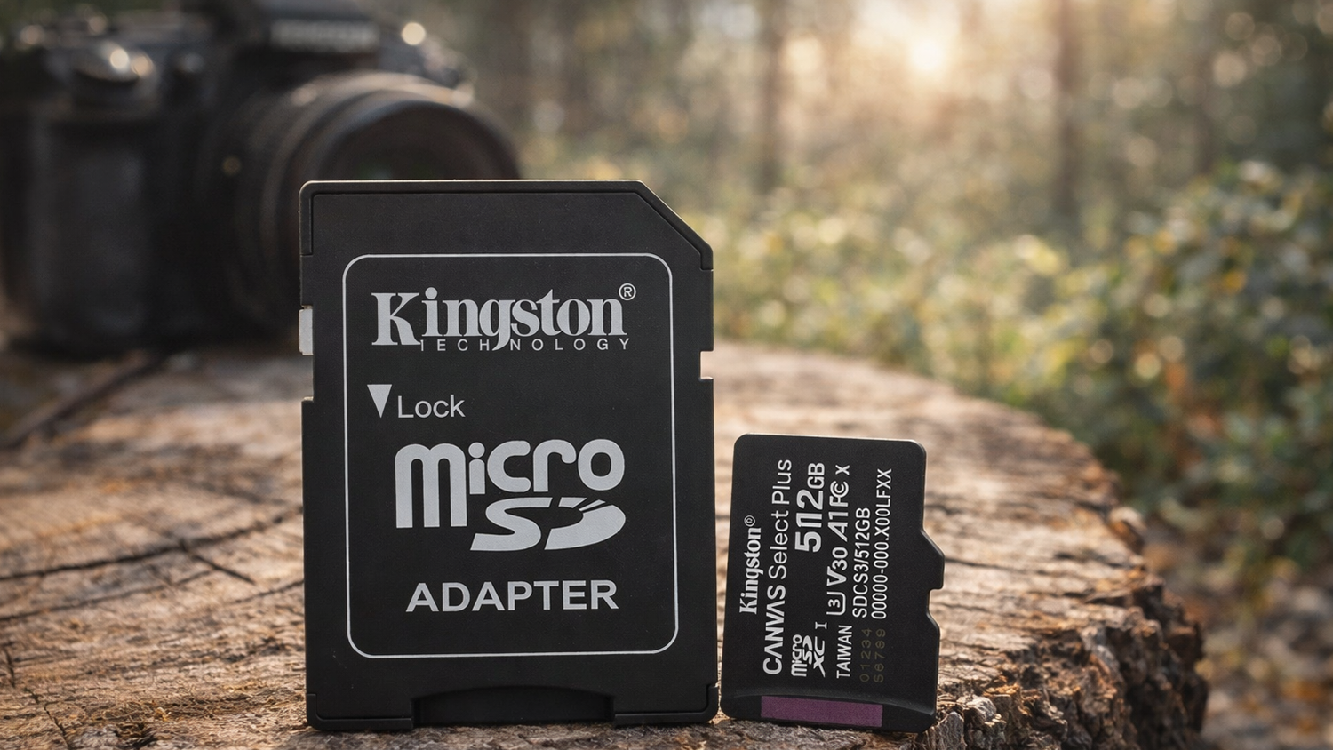 Pamäťová karta Kingston SDCS3/512GB MicroSDXC v prírode pri fotoaparáte