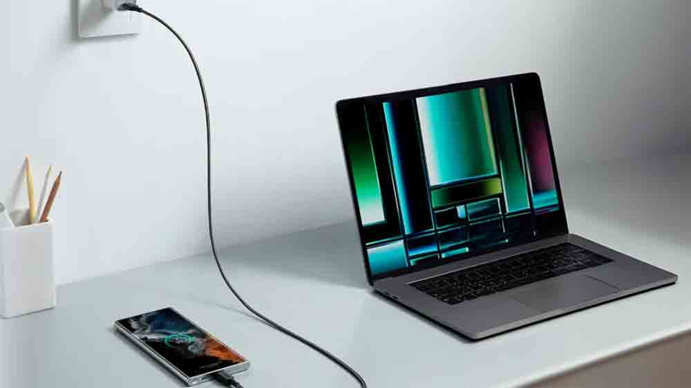 USB-C kabel zapojen&yacute; v nab&iacute;ječce vedle notebooku_02