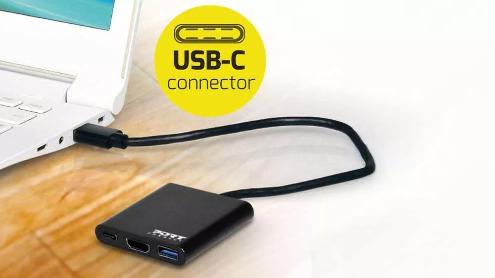 Dokovací stanice Port Connect USB-C 900140 propojena s notebookem pomocí USB-C kabelu_02