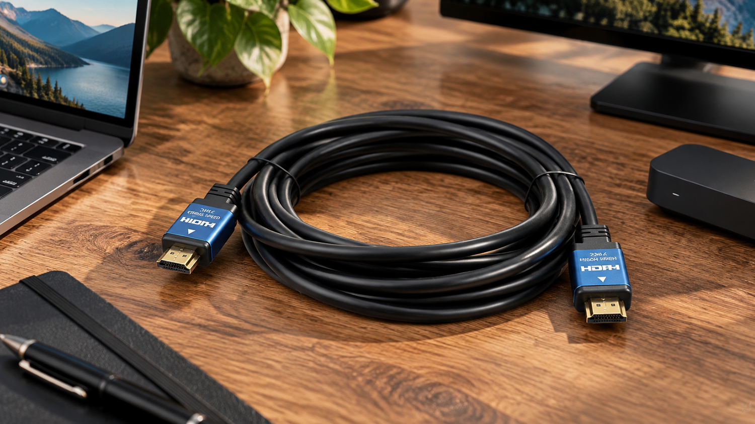HDMI kabel Premiumcord KPHDM2A5 položen&yacute; na stole