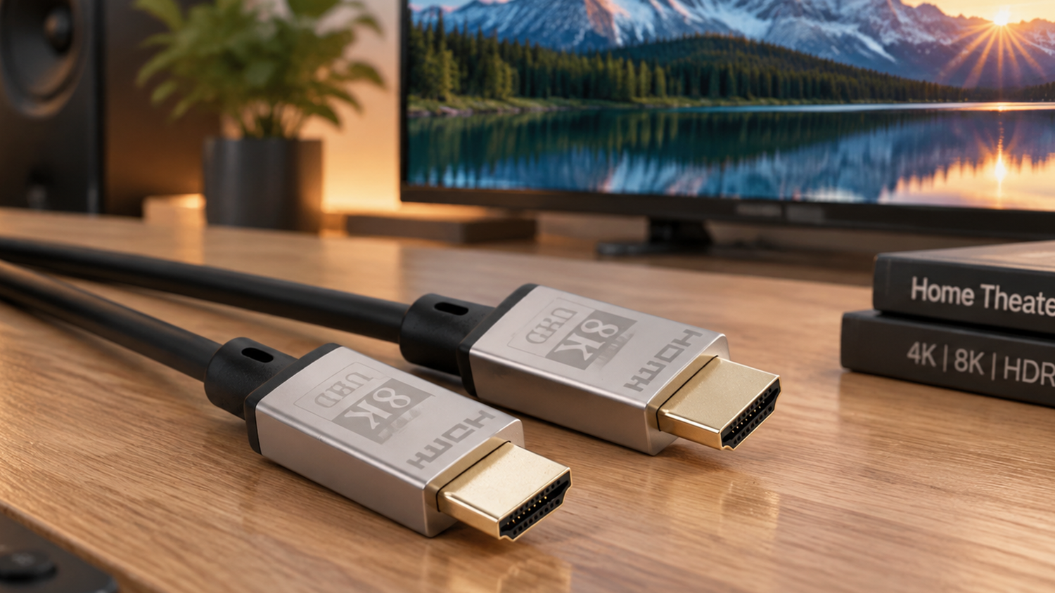 HDMI kabel Premiumcord KPHDM21K3 položen&yacute; na stole u notebooku