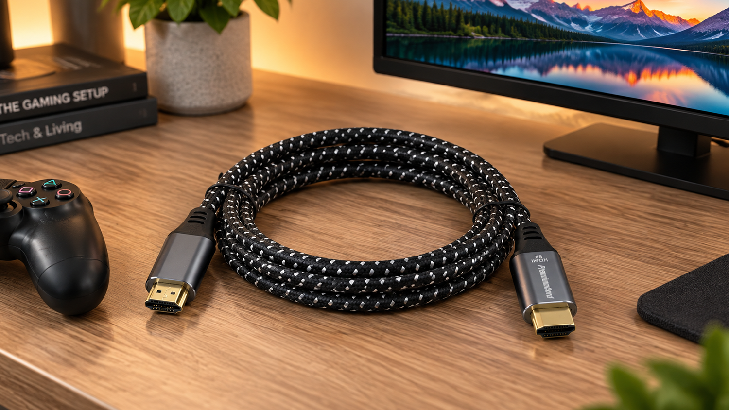 HDMI kabel Premiumcord KPHDM21S2 položen&yacute; na stole u notebooku