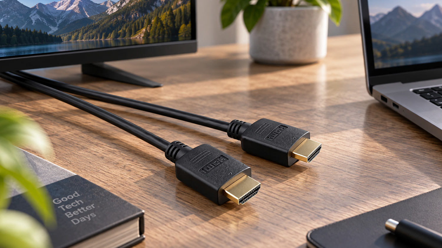 HDMI kabel PremiumCord KPHDM2-5 složený na stole vedle notebooku
