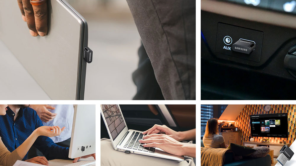 Koláž zapojení Flash disku Samsung FIT Plus, 512 GB do různých zařízení_04