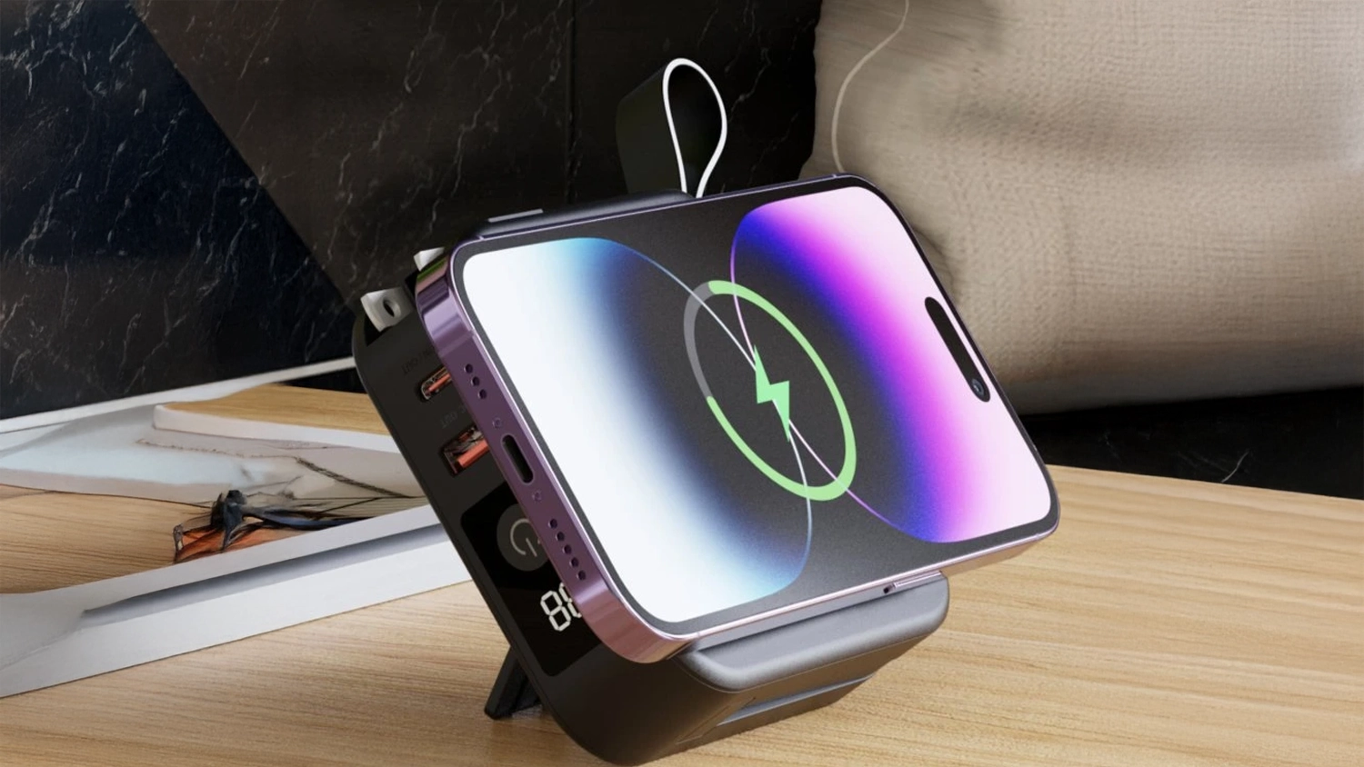 Telefon napojený na powerbanku Swissten All-in-One