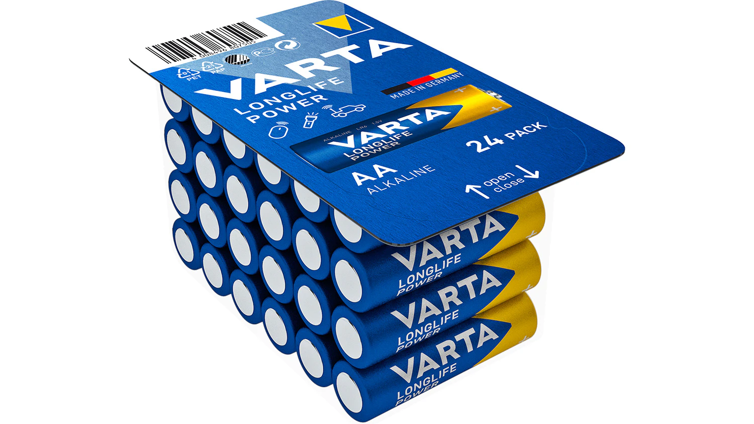 Baterie AA Varta Longlife Power LR6 24 ks v originálním balení na bílém pozadí