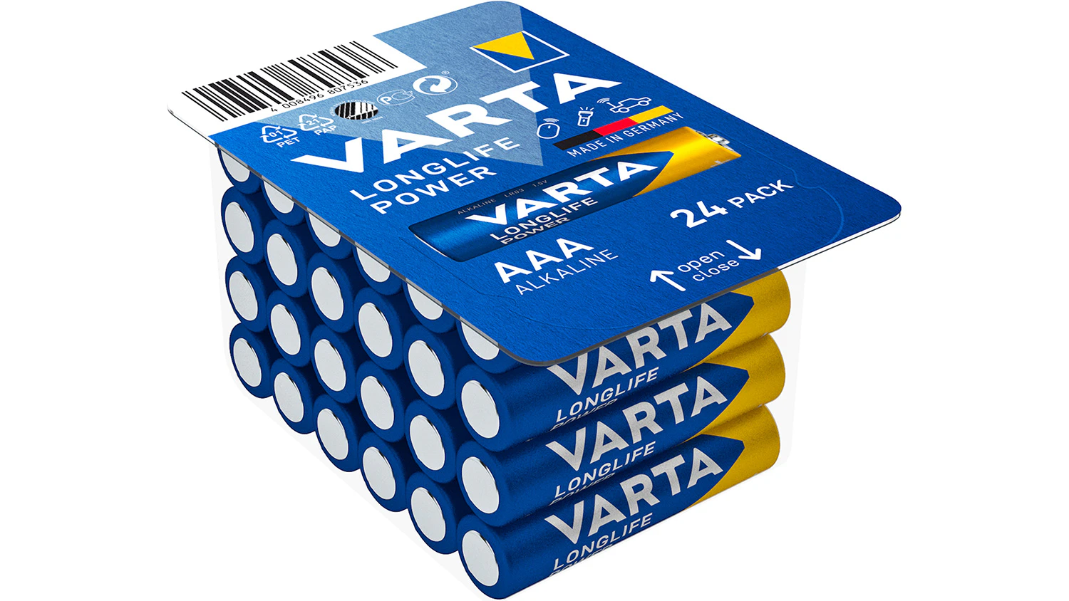 Baterie VARTA LR03 24BP AAA Longlife Power na bílém pozadí zobrazující celkový design