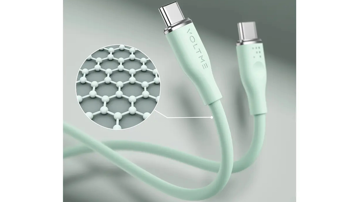 USB-C kabel Voltme Powerlink Moss Series C2039 Green s detailem na konektory a ohebn&yacute; silikonov&yacute; povrch