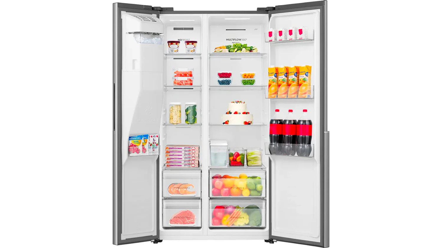 Potraviny a n&aacute;poje uvnitř volně stoj&iacute;c&iacute; americk&eacute; lednice Gorenje NRS917E61X