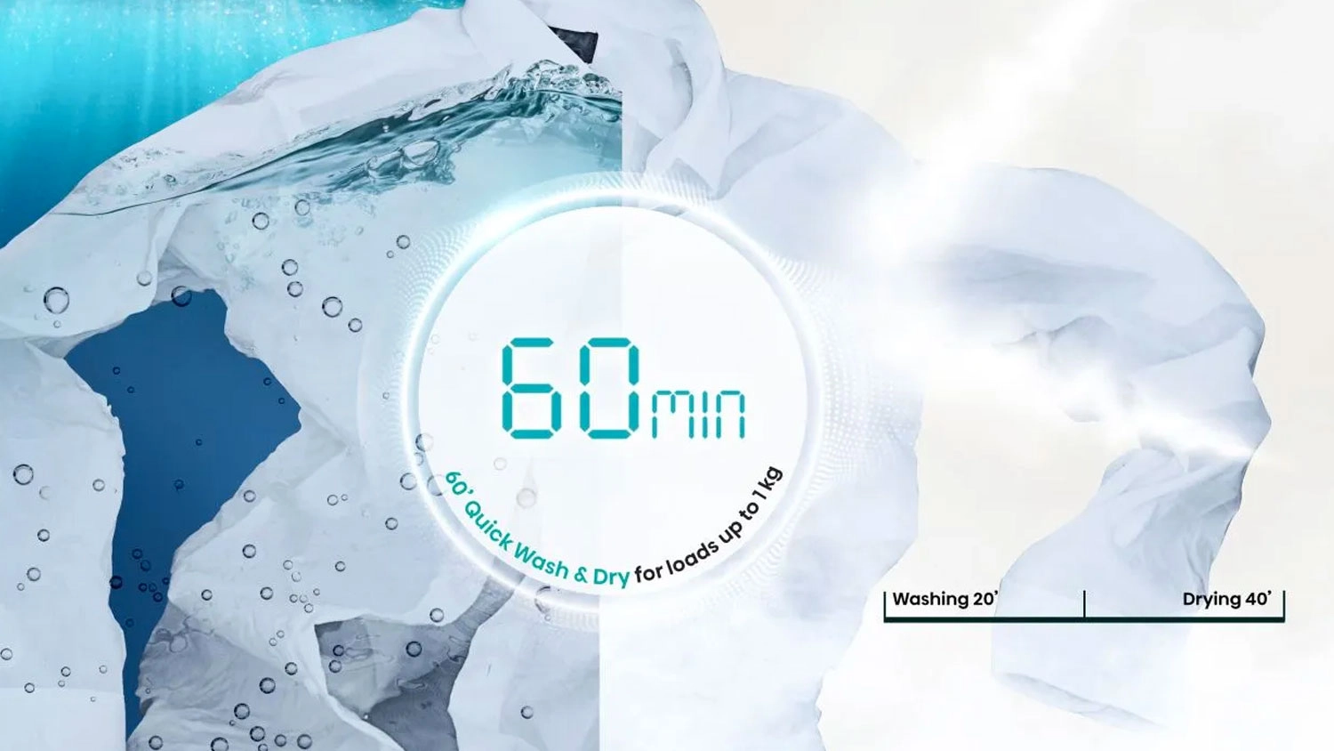 Vizualizace programu Wash&Dry 60' u pračky se sušičkou Hisense HWD3S8514