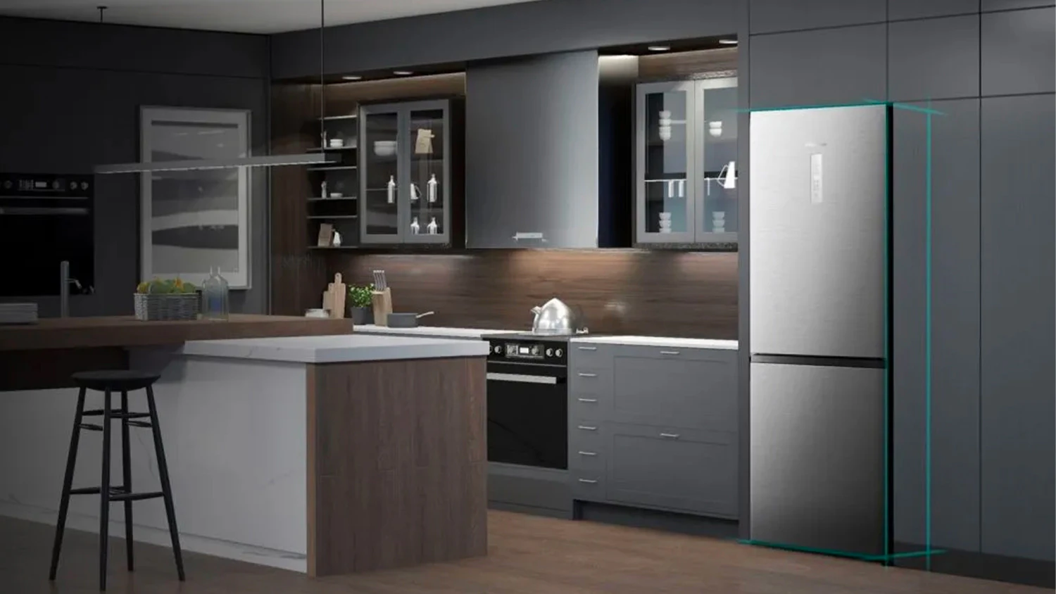 Volně stojící kombinovaná chladnička s mrazničkou Hisense RB645N4BIC v moderní kuchyni