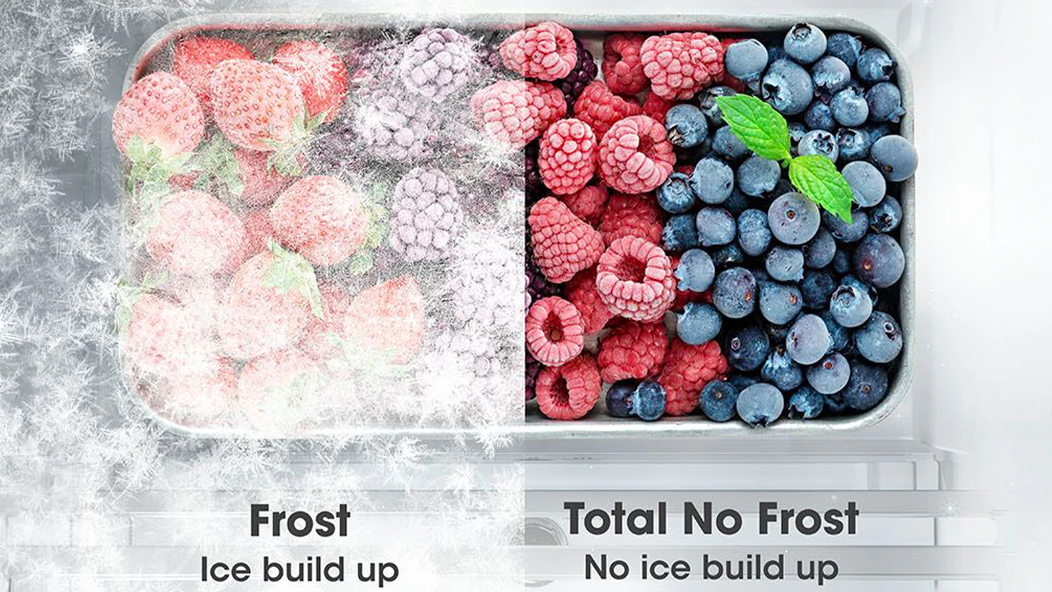 Mražené ovoce v mrazáku s námrazou a bez námrazy díky technologii Total No Frost