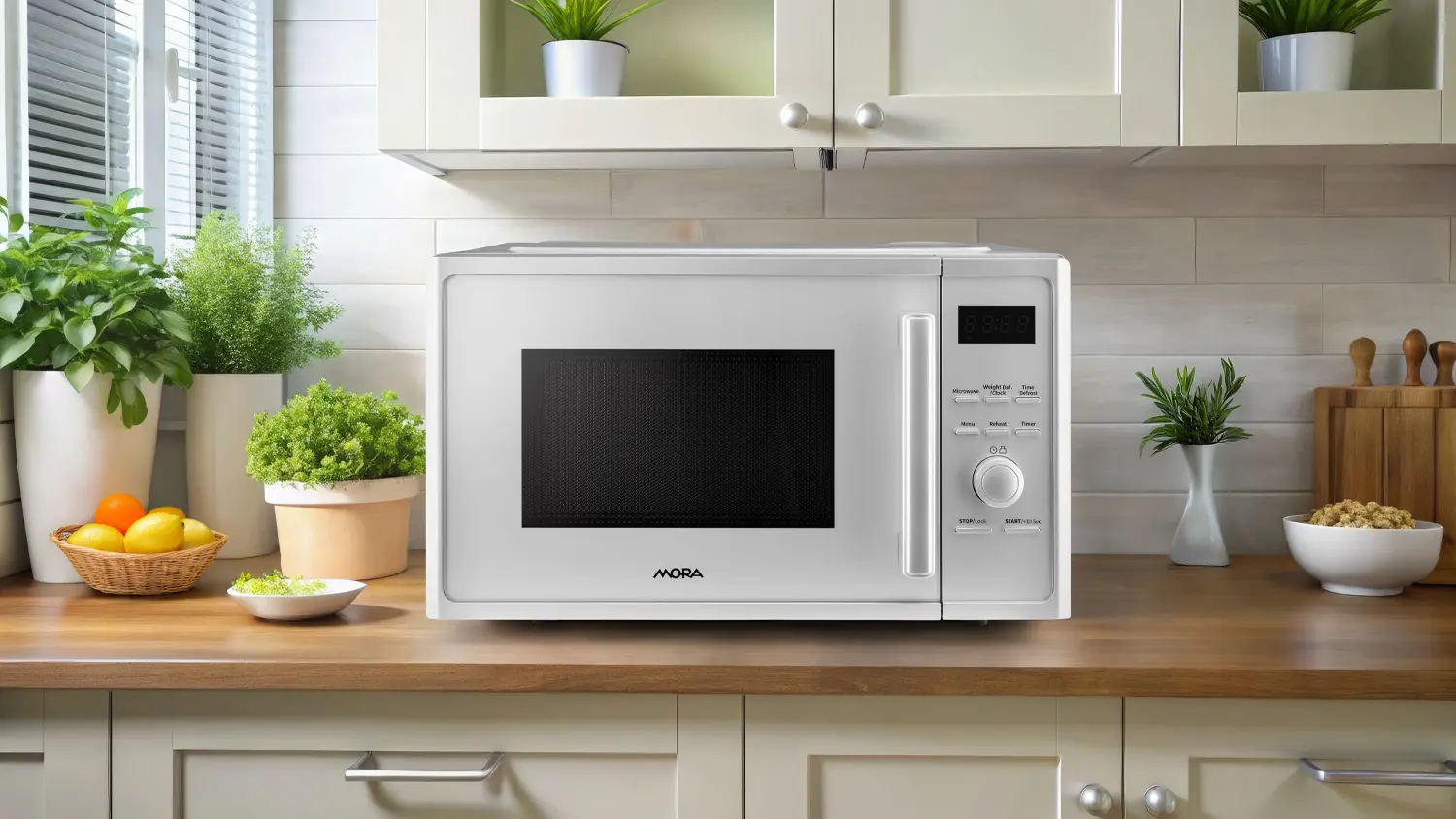 Stříbrná mikrovlnná trouba MORA MT 423 S v kuchyni