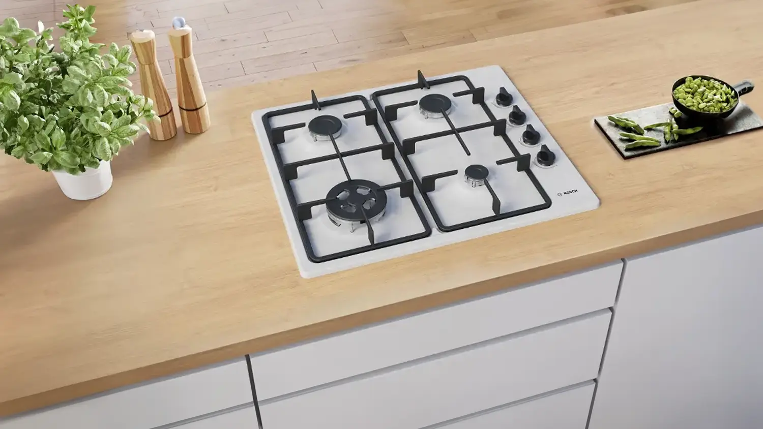 Plynová varná deska Bosch PBH6B5K60 zabudovaná v lince