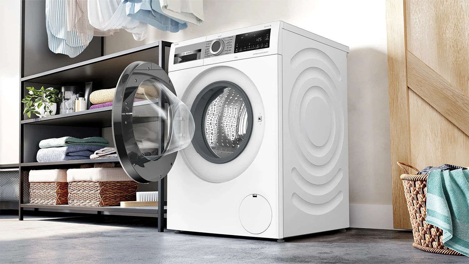 Předem plněná pračka Bosch Serie 6 WGG244Z9CS instalovaná v koupelně