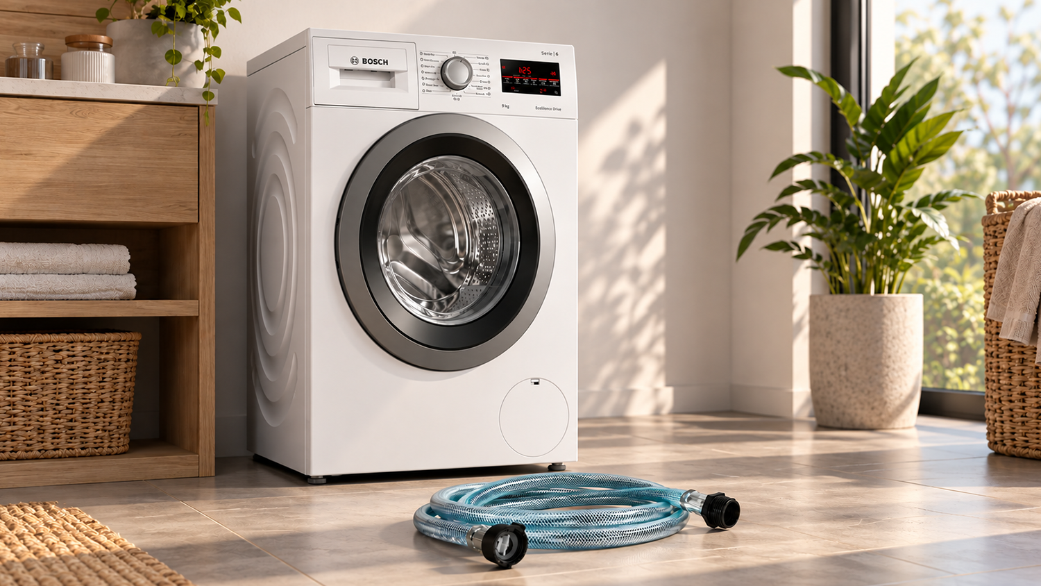 Predlžovacia prívodná hadica Bosch Aquastop WMZ2381 pred práčkou Bosch v kúpeľni