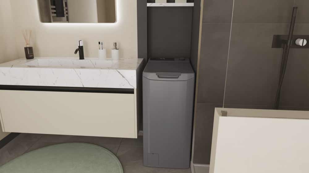 Pračka s vrchním plněním Candy TCAS274TMR5-S v moderní koupelně_02