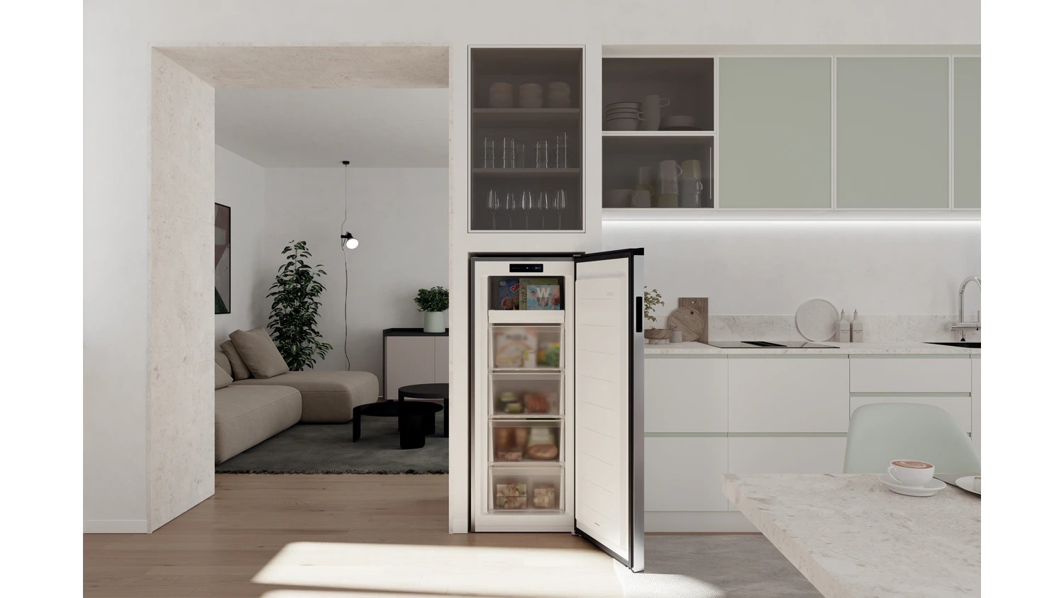 Otevřený mrazák Candy CNUQ4L513DX v interiéru