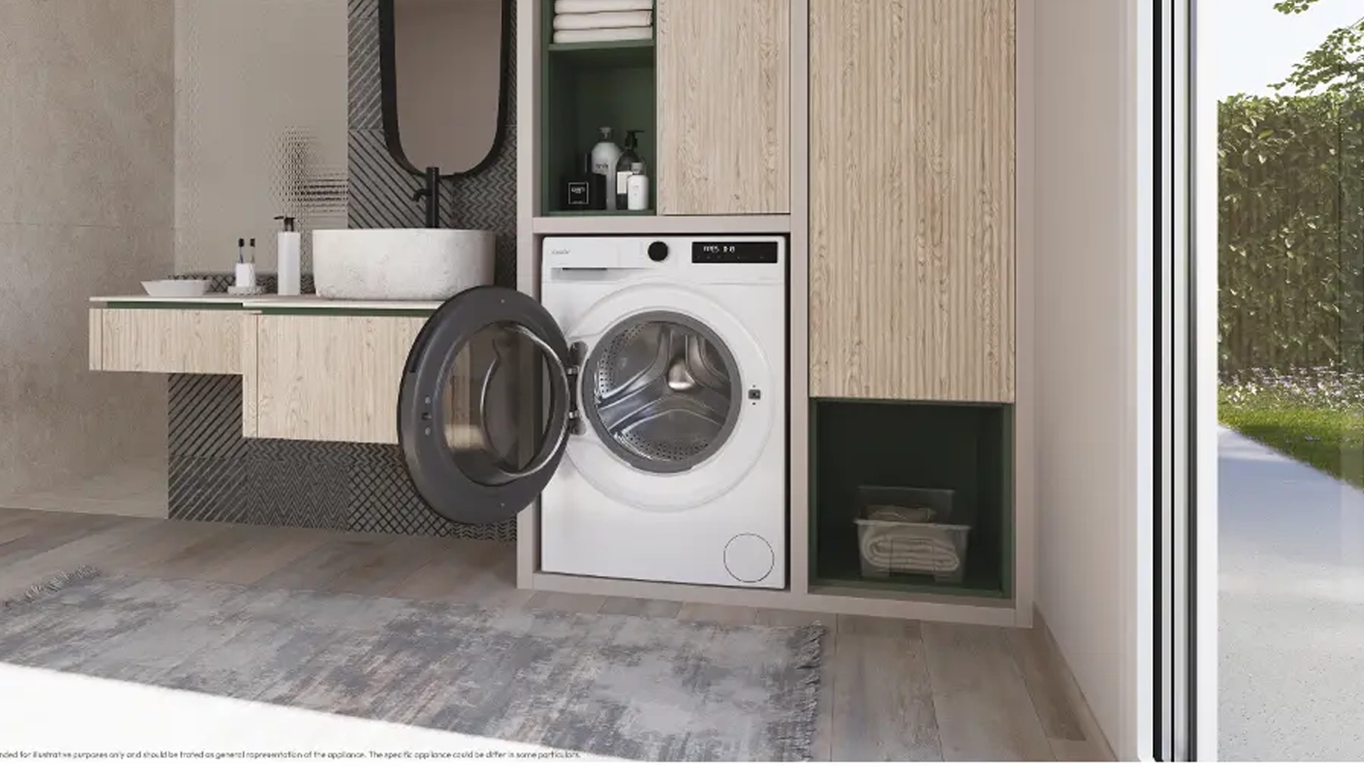 Pračka Candy BP 49SBL8-S otevřená v koupelně