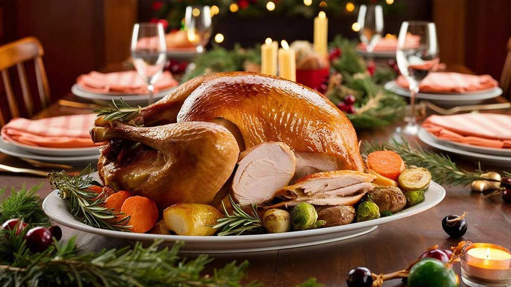 Žena serv&iacute;ruje večeři, m&aacute; hlavn&iacute; j&iacute;dlo v zap&eacute;kac&iacute; m&iacute;se a upečen&yacute; kol&aacute;č_02