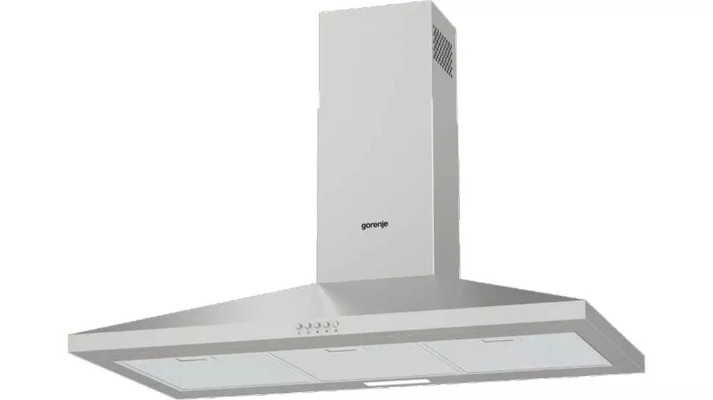 Natočený komínový odsavač par Gorenje WHC929E4X pohledem zespodu na uhlíkové a šikmo pro celkový obraz digestoře_02