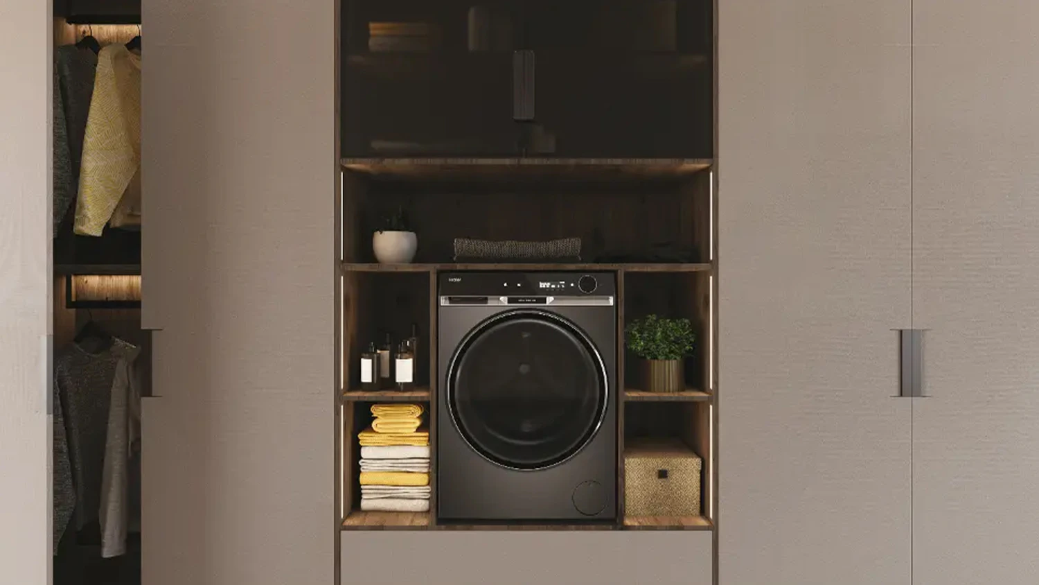 Pračka Haier HW100-BD14397PGU-S zabudovan&aacute; ve skř&iacute;ni v koupelně
