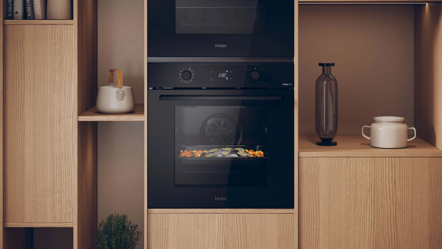 Vestavná trouba Haier H6 ID23B4HTB zabudovaná ve stěně v obývacím prostoru